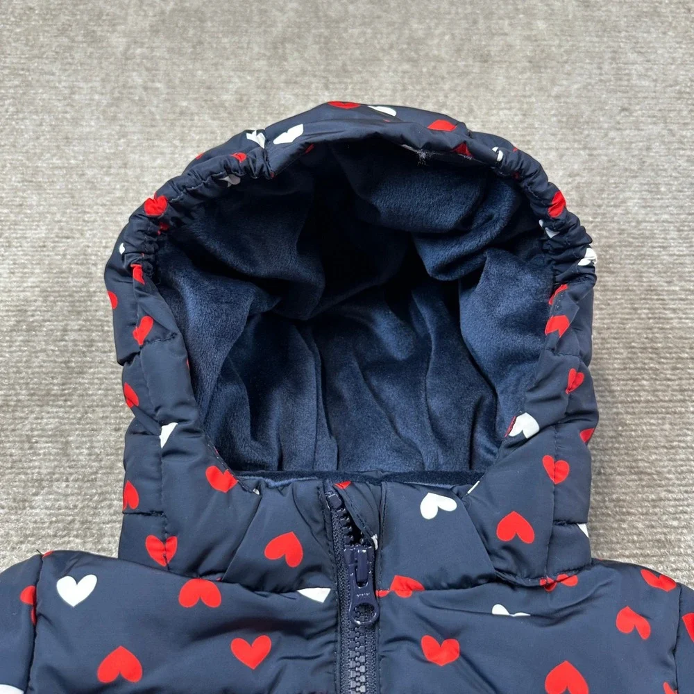 Amazon Essentials x Sofia Grainge Girls 12M Navy Hearts Hooded Puffer Jacket